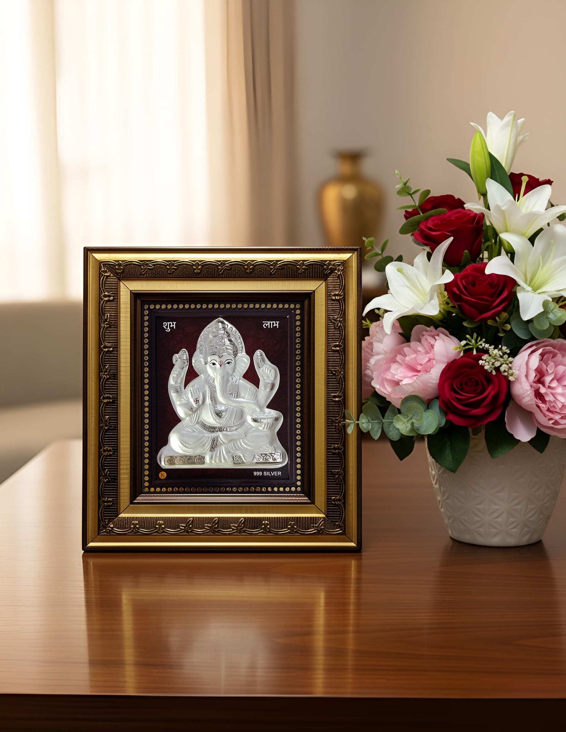 Artsmine 999 Silver Ganesh Rectangular Frame | Pooja Room Diwali Corporate Gift | Size H*L - 22 * 20 Cm | Wall Mount Ganesh Phot